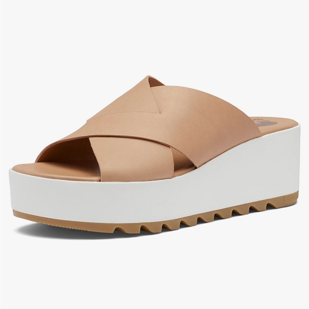 Sorel Tan and White Platform Sandals